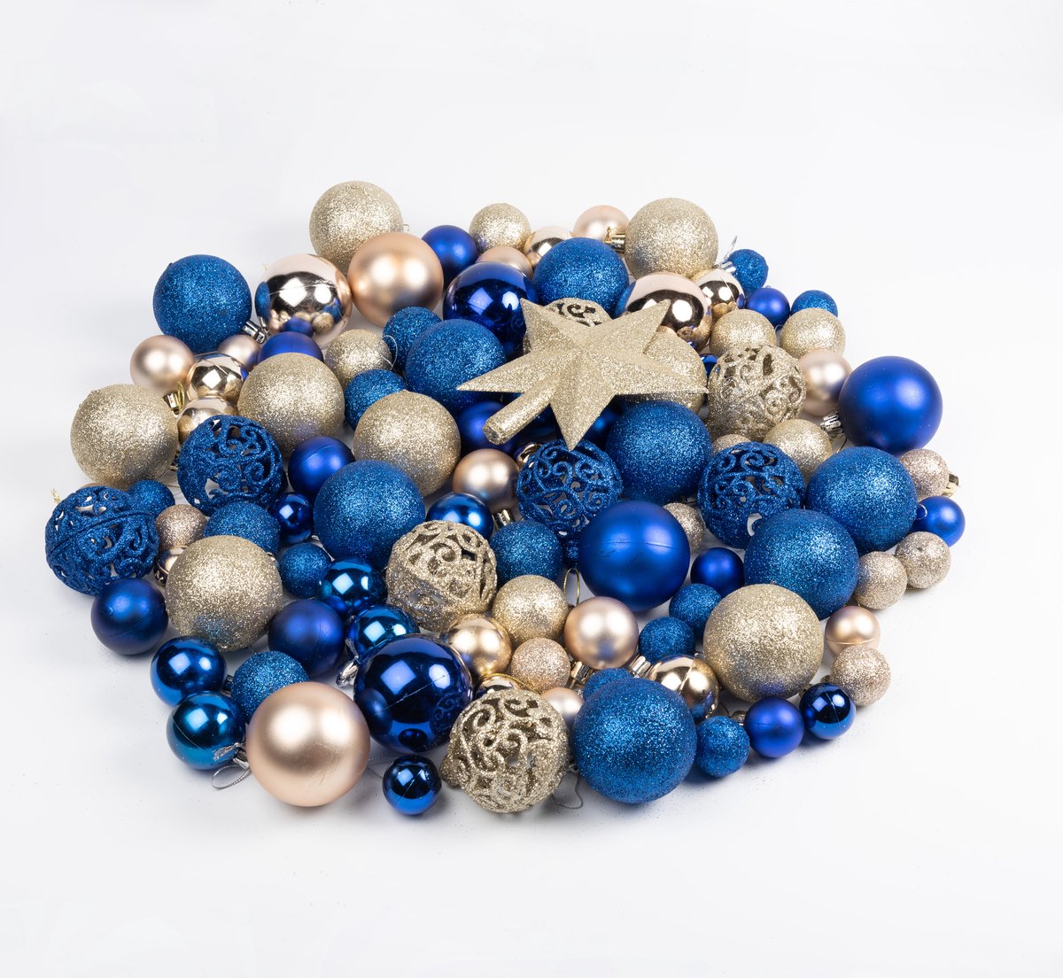 BBWELL 16 gouden en blauw kunststof kerstballen