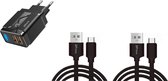 DrPhone PS-Y - 2x 1 Meter Kabel - USB-C - Oplaadkabel – 18W Dubbele Qualcom 3.0 Quick Charge - Adapter - Snel Lader – Zwart