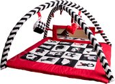 Contrasterende educatieve Premium babymat - dieren, spiegel | Rood, zwart en wit | 77x77x40cm | + 0m | Montessori speelgoed | 100% Katoen | Machine wasbaar | Oeko Tex Standard 100