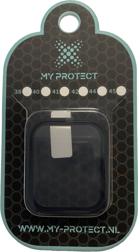 Verpakking van een zwarte Apple Watch beschermhoes en screenprotector, met maten 38-45.