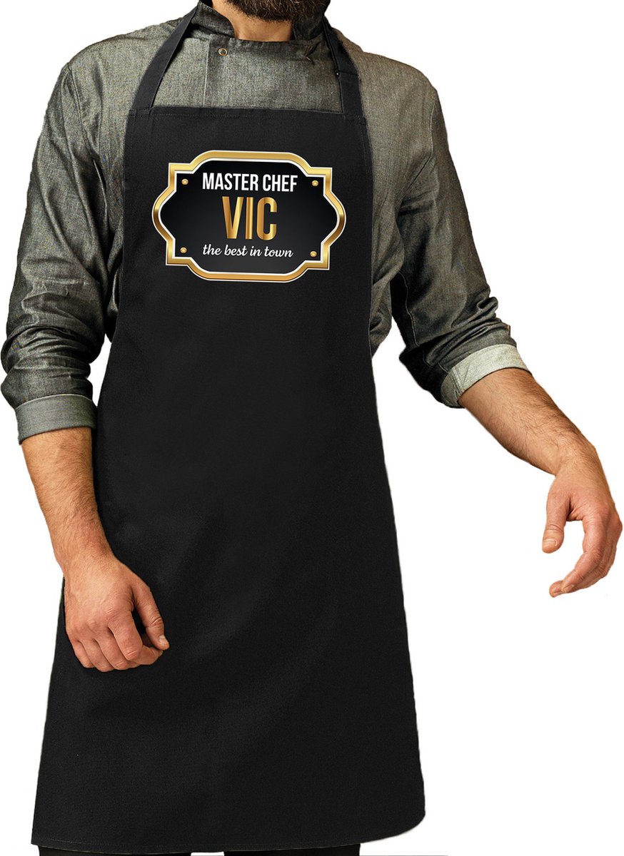 Naam cadeau master chef Vic - keukenschort - zwart - bbq schort cadeau - heren - vaderdag - verjaardag - Pensioen