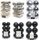 Kerstversiering kunststof kerstballen kleuren mix zwart/zilver 4-6-8 cm pakket van 68x stuks