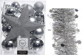 Kerstversiering kunststof kerstballen 5-6-8 cm met ster piek en sterren slingers pakket zilver van 35x stuks - Kerstboomversiering