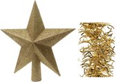 Kerstversiering kunststof glitter ster piek 19 cm en golf folieslingers pakket goud van 3x stuks - Kerstboomversiering