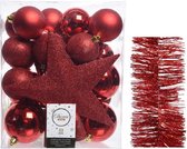Kerstversiering kunststof kerstballen 5-6-8 cm met ster piek en glitter slingers pakket rood van 35x stuks - Kerstboomversiering
