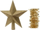 Kerstversiering kunststof glitter ster piek 19 cm en sterren folieslingers pakket goud van 3x stuks - Kerstboomversiering