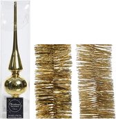 Kerstversiering glazen piek glans 26 cm en folieslingers pakket goud van 3x stuks - Kerstboomversiering