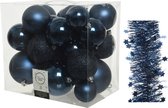 Kerstversiering kunststof kerstballen 6-8-10 cm met sterren folieslingers pakket donkerblauw van 28x stuks - Kerstboomversiering