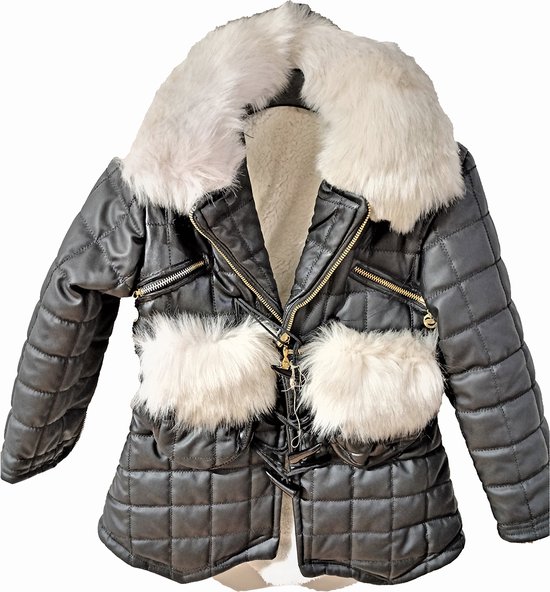 manteau d'hiver fille chaud doublé manteau fille avec imitation laine de mouton - col imitation fourrure simili cuir - noir, 134/140 10 ans