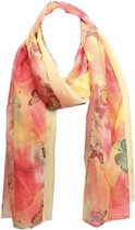 Dames lange sjaal met rozen en vlinders geel/roze