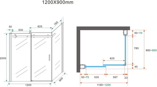 Cabine de douche Bally Block Shower 90x120x200cm 8mm Verre de sécurité anti-calcaire avec revêtement NANO avec profil Chrome Glas clair