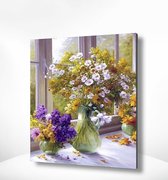 Painting Expert® Schilderen op nummer Volwassenen - Schilderen op nummer Kinderen - Bloemen bij het Raam - 40x50cm - Exclusief Lijst (24 kleurtjes)