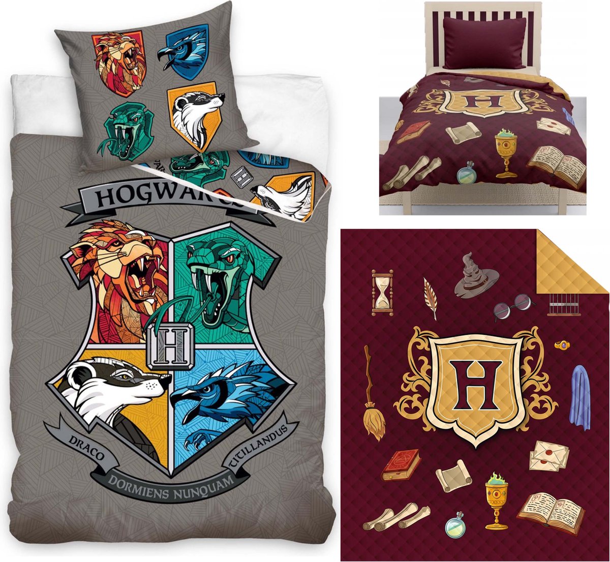 Harry Potter Zweinstein Color Logo- grijs Dekbedovertrek - Eenpersoons - 140x200 cm -katoen- Reversible- kussen 65x65cm, incl. Harry Potter Bedsprei- Deken- 170x210