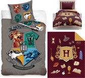 Harry Potter Zweinstein Color Logo- grijs Dekbedovertrek - Eenpersoons - 140x200 cm -katoen- Reversible- kussen 65x65cm,  incl. Harry Potter Bedsprei- Deken- 170x210