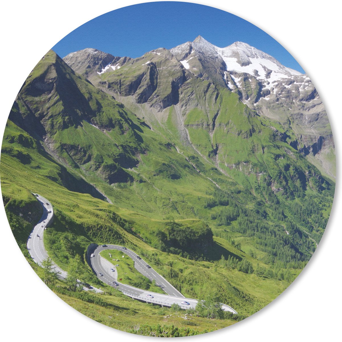Muismat rond 50x50 cm - Mousepad De Grossglockner weg die door de Oostenrijkse Alpen - Ronde muismatten