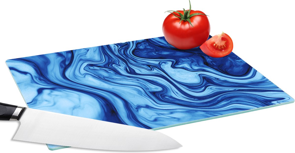 Glazen Snijplank - 28x20 - Marmer - Inkt - Blauw - Snijplanken Glas