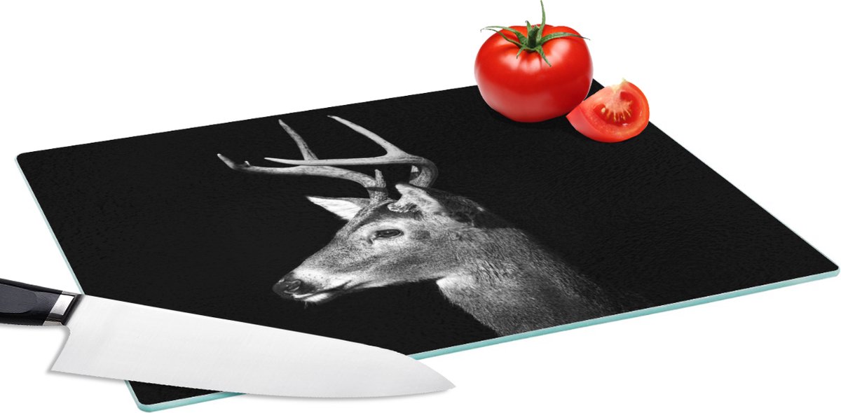 Glazen Snijplank - 39x28 - Hert - Dieren - Zwart - Wit - Snijplanken Glas