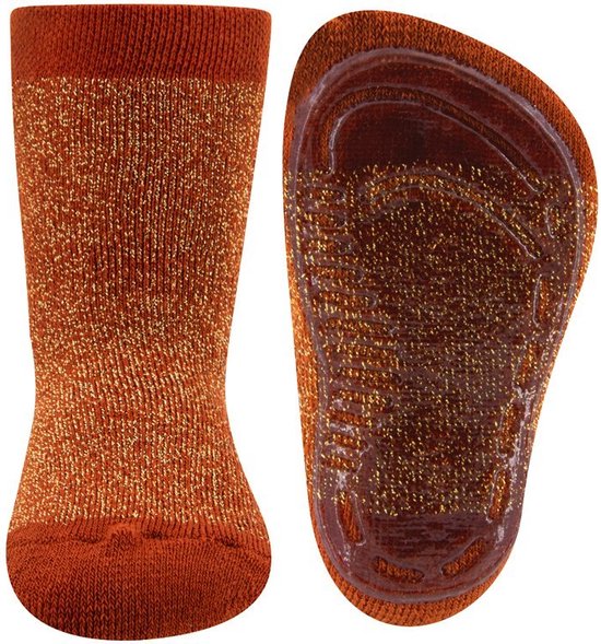 Koperkleurige sokken met gouden glitters en antislipzolen.