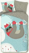1-persoons kinder dekbedovertrek (dekbed hoes) blauw met luiaard / beertje met rode muts, sjaal en wanten in de sneeuw  FLANEL 140 x 220 cm (warm en zacht voor de winter / kerstmis , cadeau i