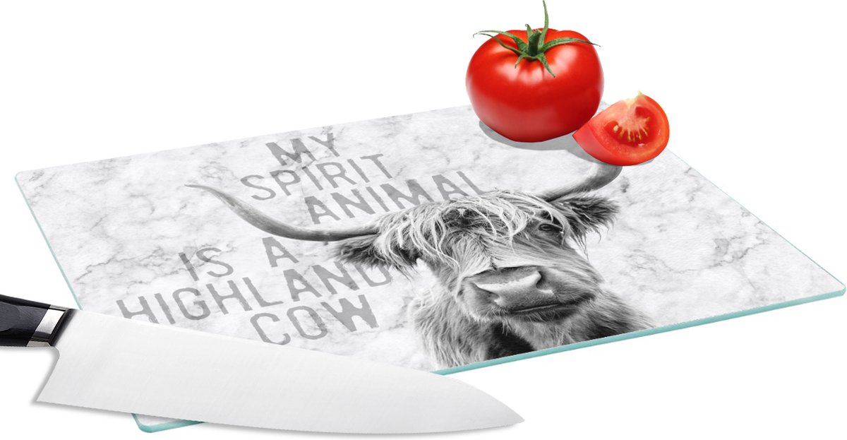 Glazen Snijplank - 28x20 - Schotse hooglander - Quote - Marmer - Snijplanken Glas