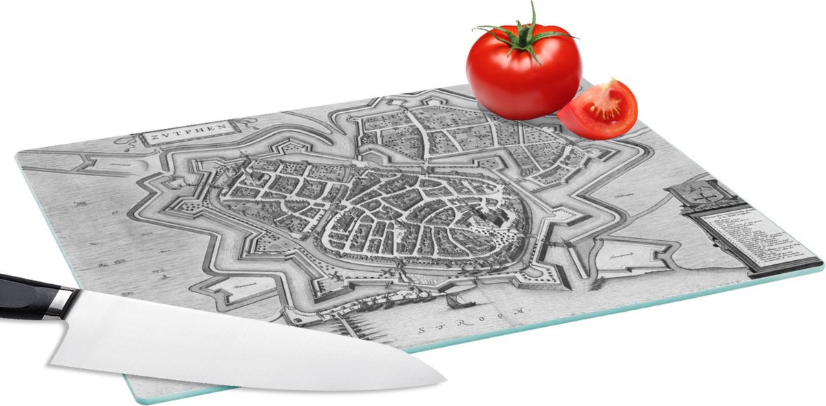 Glazen Snijplank - 39x28 - Stadskaart - Zutphen - Antiek - Snijplanken Glas