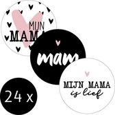 Cadeausticker Moederdag 24 x Mama - Mijn Mama - Mam - Mijn Mama Is Lief Sticker - Sluitsticker Moeder - Wensetiket - rond 40mm - Zwart Wit Roze Hartjes - 24 stuks - Stickers Voor Mama - Trakt