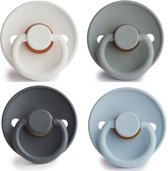 FRIGG | Fopspeen set 4 stuks | T1 | 0-6 maanden | Classic | Silicone | Bright White + French Gray + Graphite + Baby Blue |