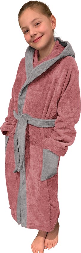 HOMELEVEL Badstof badjas voor kinderen 100% katoen voor meisjes en jongens  Roze Maat 164 | bol.com