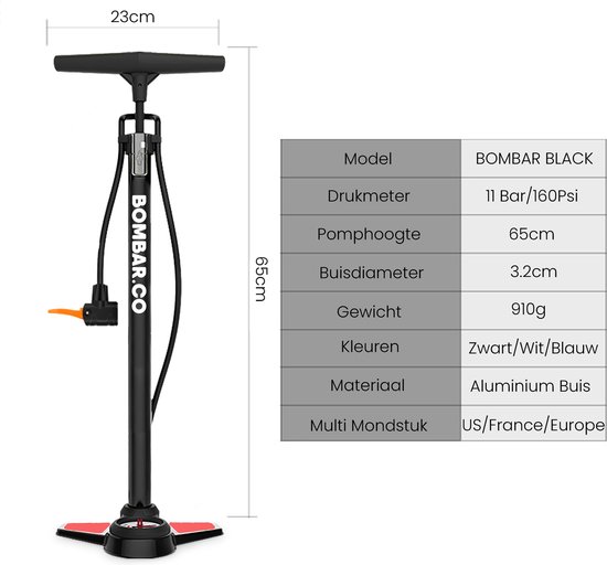 BOMBAR - Fietspomp met 11Bar Drukmeter + Extra Ventielen - Multifunctioneel Mondstuk voor Presta & Schräder - 1kg. Aluminium Frame - Compact - Inklapbaar Voetstuk - Vloerpomp voor Scooterbanden, Autobanden, Opblaasspeelgoed en Ballen van BOMBAR — afbeelding 3