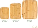 Drie bamboe snijplanken van Budu in verschillende maten: S (25x20 cm), M (33x25 cm) en L (40x33 cm).