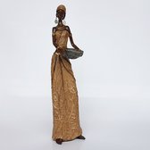 Afrikaanse vrouw zittend met een schaal / mand - Bruin / zwart / beige - 10 x 9 x 39 cm hoog