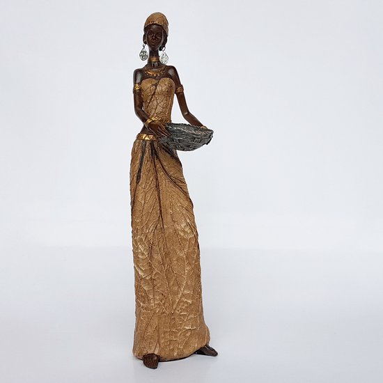 Afrikaanse vrouw zittend met een schaal / mand - Bruin / zwart / beige - 10 x 9 x 39 cm hoog