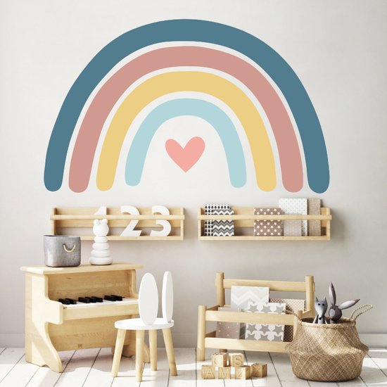 Muursticker Regenboog Met Hartje Pastel kleuren | Pasteltinten | 100 cm x 60 cm | Muurdecoratie | Slaapkamer | Kinderkamer | Babykamer | Meisje | Jongen | Decoratie Sticker