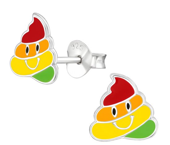 Joy|S - Zilveren Poo oorbellen - emoji - 8 mm - multicolor