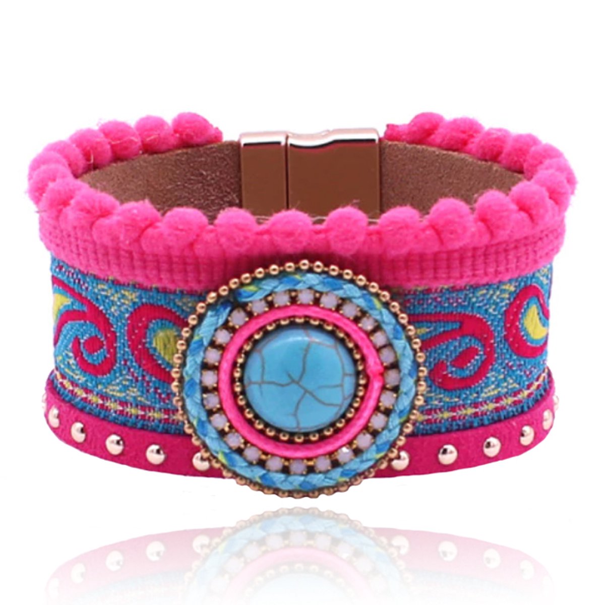 Roze met blauwe leren Ibiza stijl dames armband met turkoois