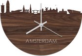 Skyline Klok Amsterdam Notenhout - Ø 40 cm - Woondecoratie - Wand decoratie woonkamer - WoodWideCities