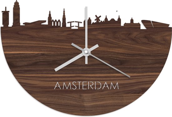 Skyline Klok Amsterdam Notenhout - Ø 40 cm - Stil uurwerk - Wanddecoratie - Meer steden beschikbaar - Woonkamer idee - Woondecoratie - City Art - Steden kunst - Cadeau voor hem - Cadeau voor haar - Jubileum - Trouwerij - Housewarming - WoodWideCities