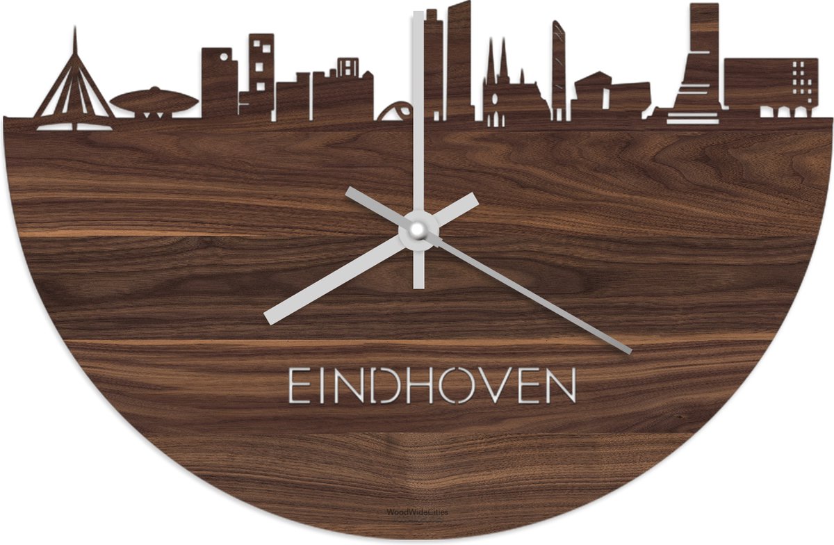 Skyline Klok Eindhoven Notenhout - Ø 40 cm - Stil uurwerk - Wanddecoratie - Meer steden beschikbaar - Woonkamer idee - Woondecoratie - City Art - Steden kunst - Cadeau voor hem - Cadeau voor haar - Jubileum - Trouwerij - Housewarming - WoodWideCities