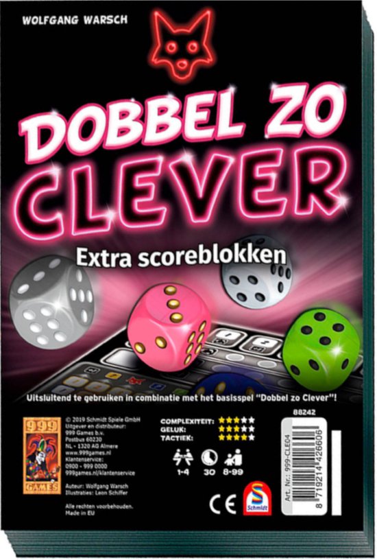 Scoreblokken Dobbel zo Clever twee stuks Dobbelspel - 999 Games