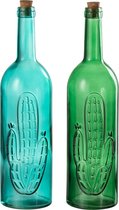 J-Line Fles Cactus Decoratief Glas/Kurk Groen/Blauw Assortiment Van 2