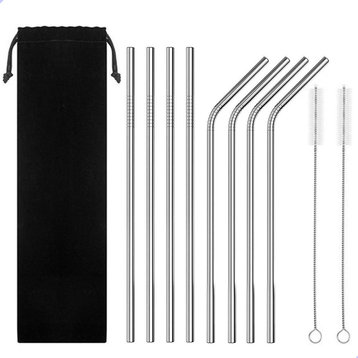 Professor Q - RVS Rietjes - Set van 8 Herbruikbare Rietjes - 4 Recht 4 gebogen - 21 cm - Duurzaam en Stijlvol - Inclusief 2 Schoonmaakborstels en Bewaarzak