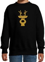 Rendier hoofd Kerstsweater - zwart met gouden glitter bedrukking - kinderen - Kersttruien / Kerst outfit 9-11 jaar (134/146)