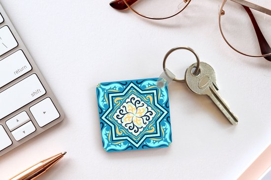 Porte-clés Motif carré 1: 1 - Motif carré avec une étoile et décorations sur fond bleu Porte-clés plastique - Porte-clés carré avec photo