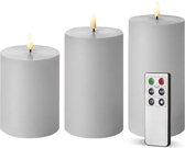 KENN 3D Wax Kaarsen - 3 Stompkaarsen - Grijs - Realistische Vlam - 300 Uur - Warm Wit - Inclusief Afstandsbediening - Kerstverlichting