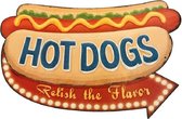 Hot Dogs Relish the Flavor. Metalen wandbord in reliëf 40 x 26 cm.