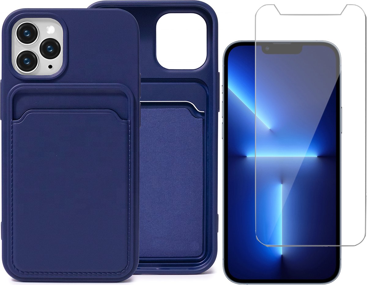 Blauw Pasjeshouder Hoesje geschikt voor Apple iPhone 13 Pro - Screenprotector Glas - Kaart TPU Backcover