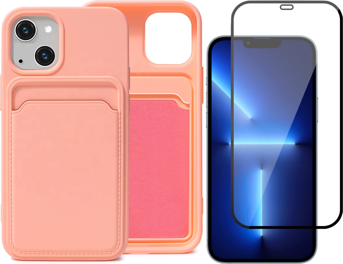 Roze Pasjeshouder Hoesje geschikt voor iPhone 13 - Full Screenprotector Glas + Kaart TPU Hoesje Backcover