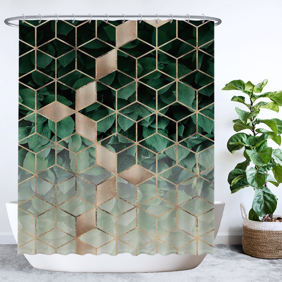 Ulticool Douchegordijn - Geometrisch Groen Natuur Goud Luxe - 180 x 200 cm - semi Transparant - met 12 Ringen Wit - anti Schimmel