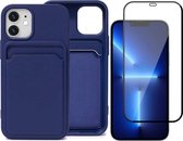 Blauw Pasjeshouder Hoesje voor Apple iPhone 12 Mini - Screenprotector Glas voor Apple iPhone 12 Mini - iPhone 12 Mini Hoesje met Pasjeshouder en Full Screen Protector Glas - iPhone