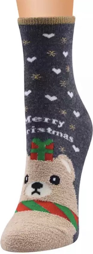 Kerstthema sokken - Winterthema sokken - Kerstsokken met glitter - Donkergrijs - Beer - Unisex maat 36 - 41